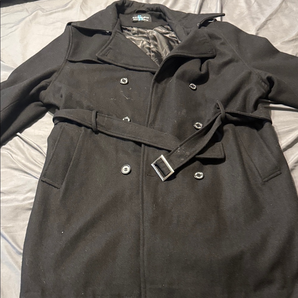 Elegant Black Double-Breasted Steve Harvey wool coat with belt